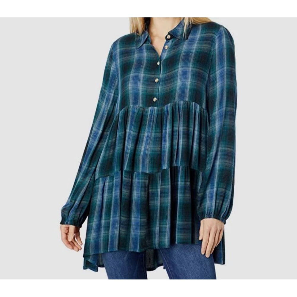 Lucky Brand Women Blue Plaid Tiered Tunic Top Collared Button XS NWT Casual